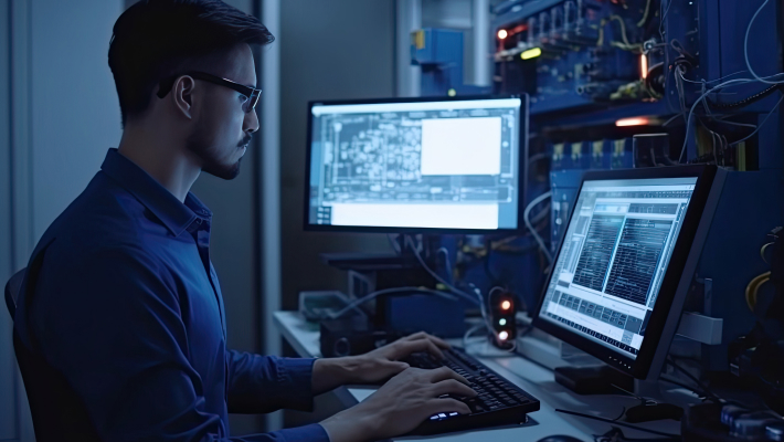A Man Sitting At A Desk With A Computer