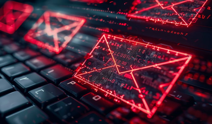 Close Up Of A Laptop Keyboard And Lower Screen With Illuminated Red Envelopes And Code Popping Off The Screen
