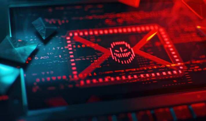 A Threatening Red-Outlined Envelope With A Malicious Face Seal On A Computer Screen With A Dark Background And Red Code.