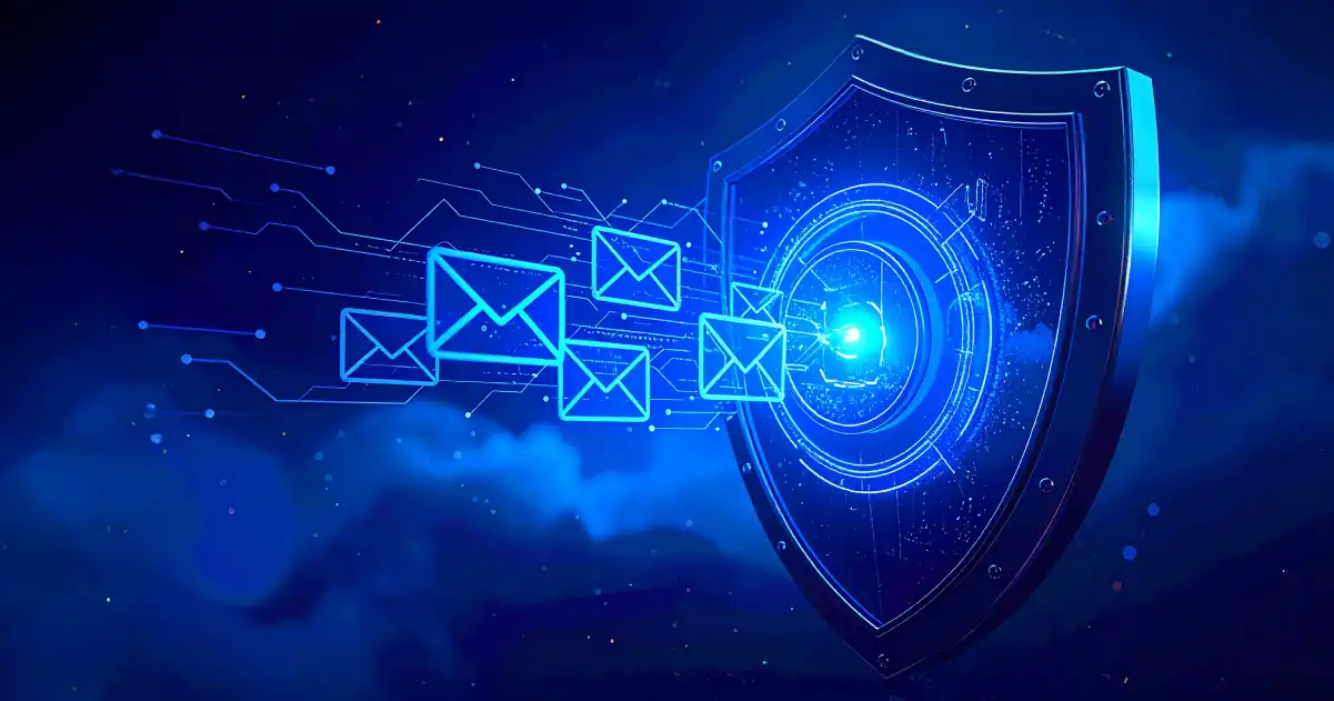 Blue shield with email envelopes moving toward it