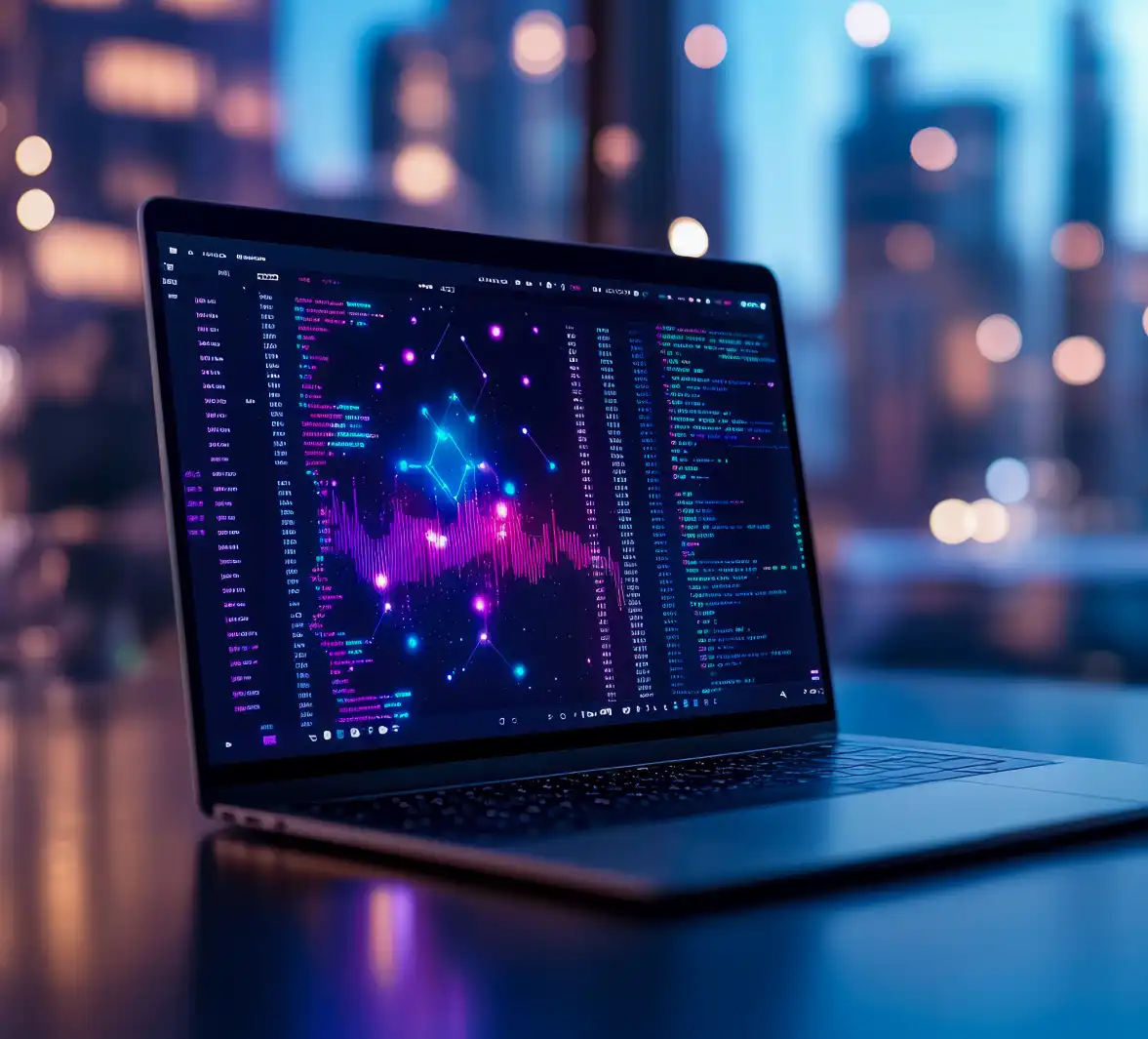 Laptop With Complex Code And Data On The Screen