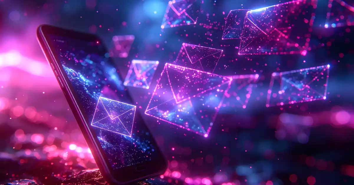 Digital emails flying out of a mobile device