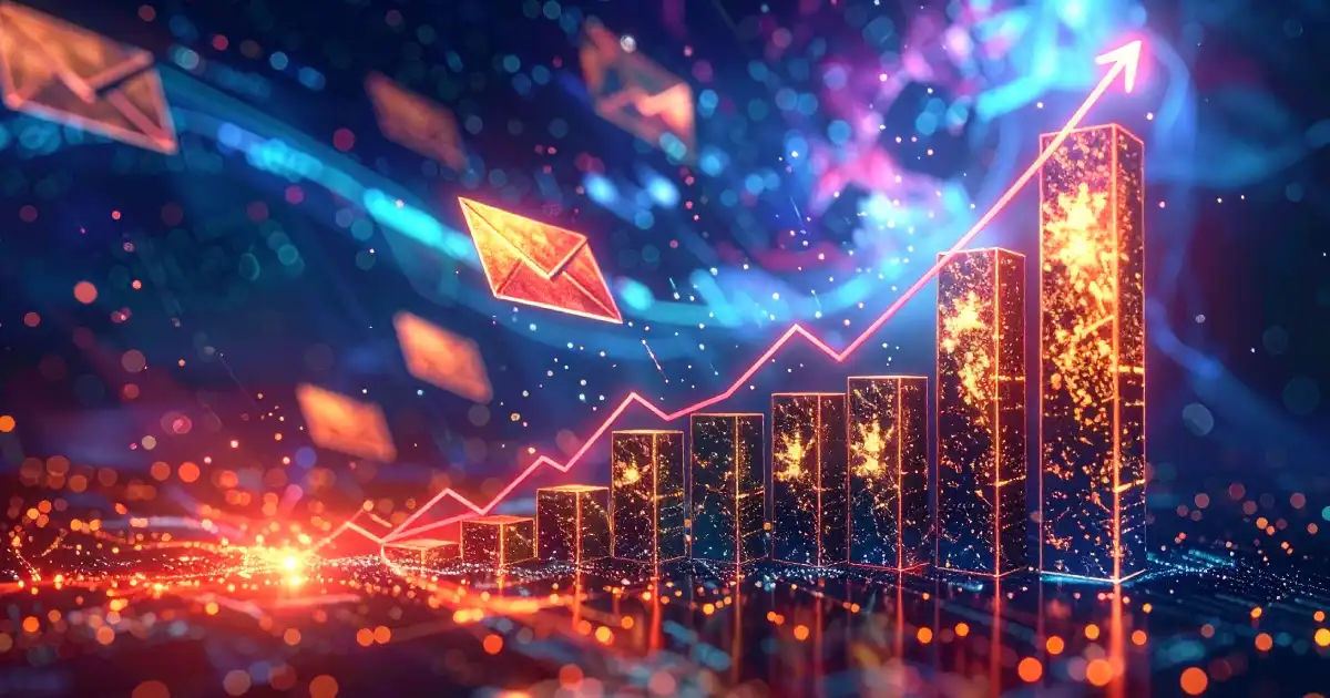 Bright graph with email envelopes in a digital environment showing a rapid increase