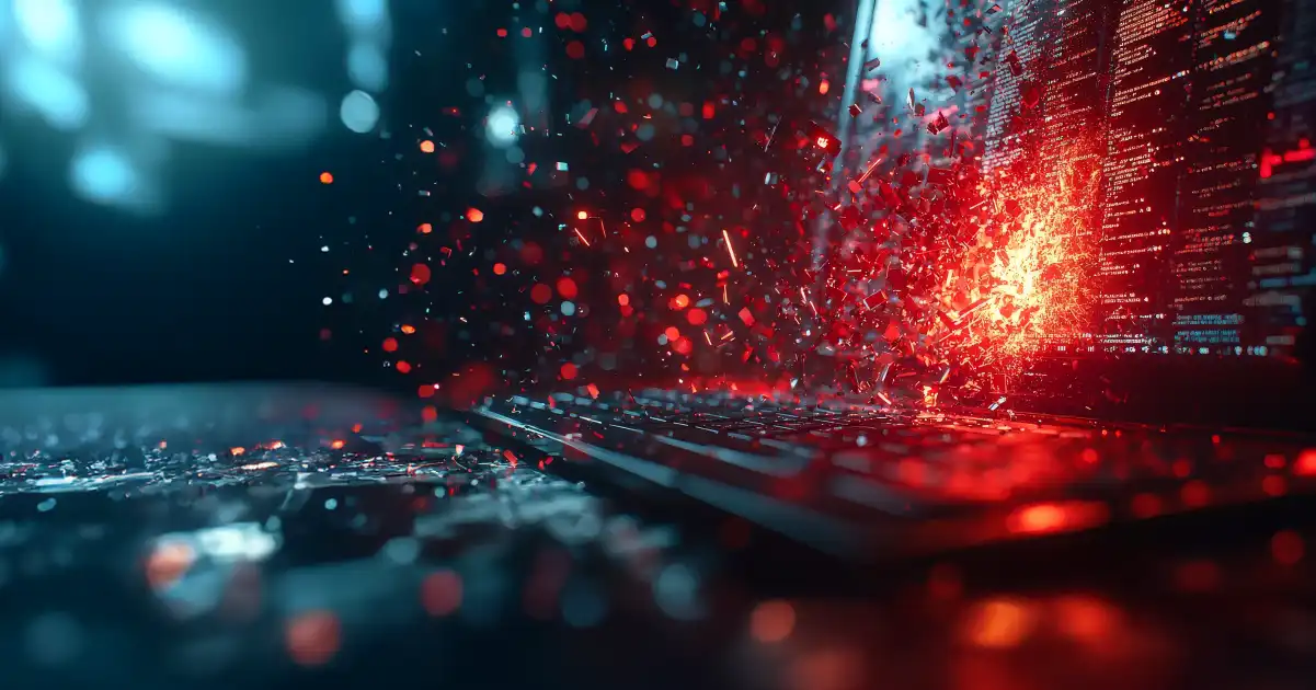 Digital laptop with exploding red pieces coming out of the screen