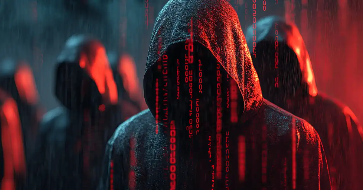 Cyber attackers with red and black hoods in binary code