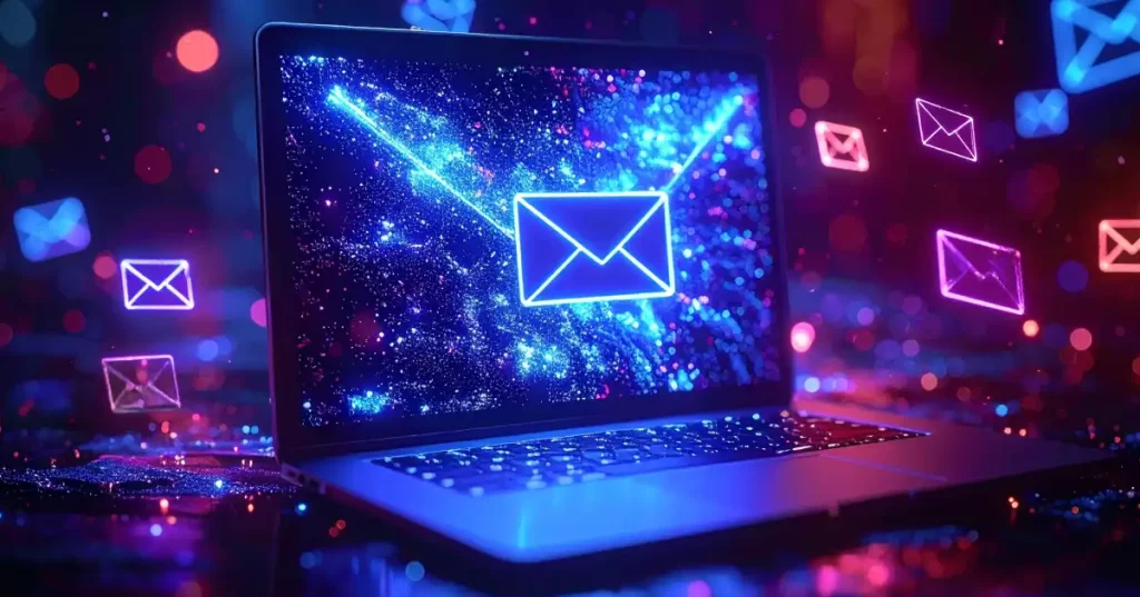 Blue Email Envelope On A Laptop Screen With Bright Blue Lines Around It