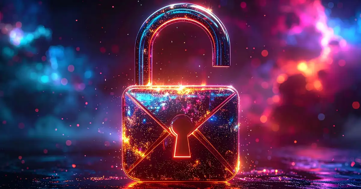 Bright neon digital unlocked padlock in cyberspace