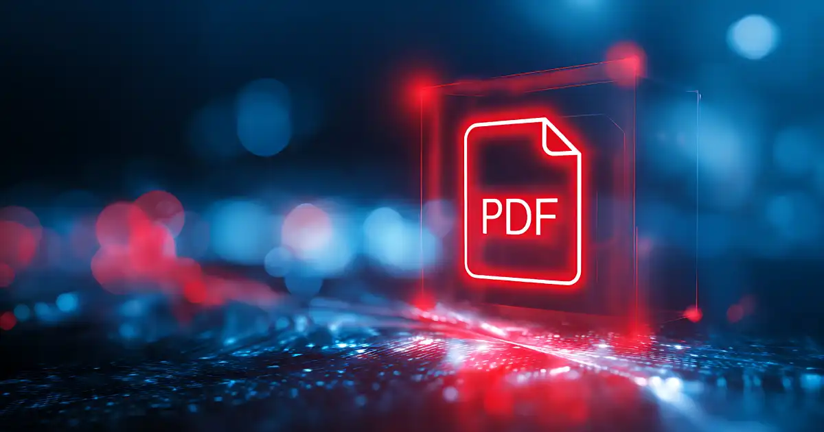 Glowing red PDF file icon on a high-tech digital background