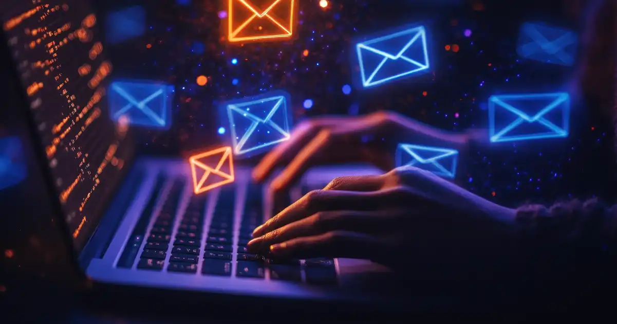 Blue and orange email envelope icons floating out of a laptop