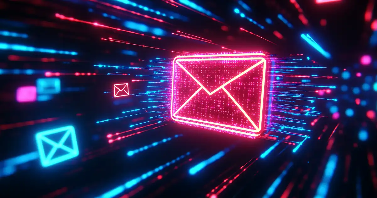 Neon pink envelope floating in a digital environment