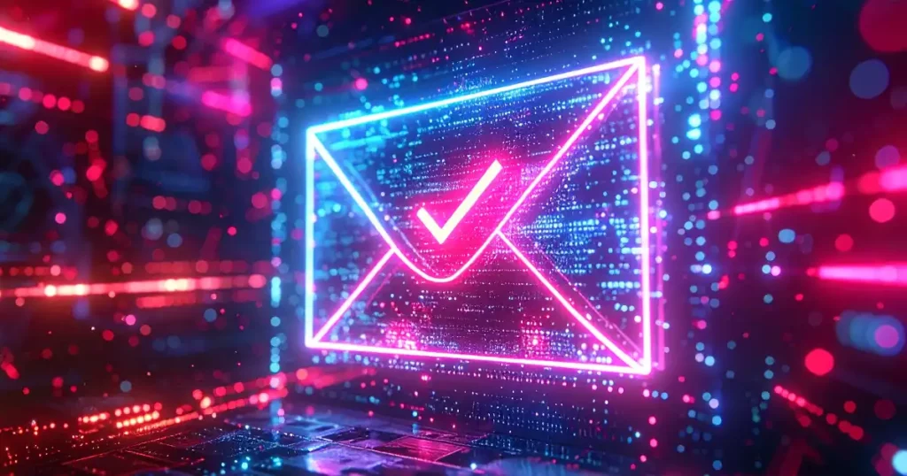Neon Pink And Blue Envelope With A Checkmark Floating In A Digital Environment