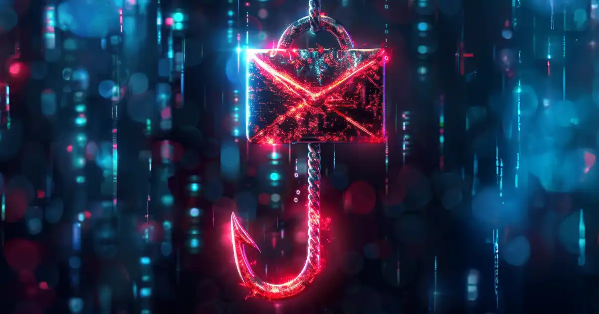 Digital red email envelope with a fishhook