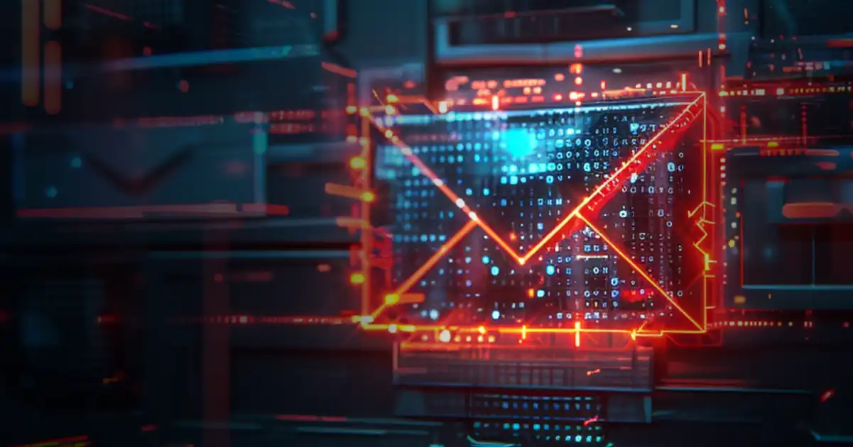 Digital email icon with red and blue glowing data dots