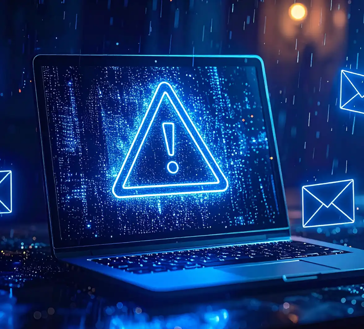 Mensaje de error digital en la pantalla de un ordenador portátil con iconos de sobres de correo electrónico flotando a su alrededor