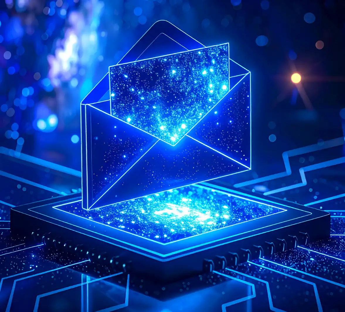 Sobre de correo electrónico azul brillante abierto